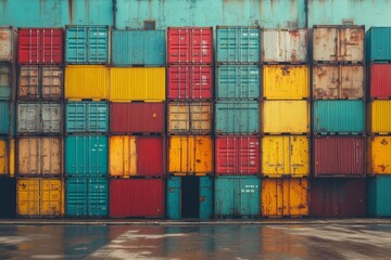 Fototapeta premium Vibrant Cargo Ship Laden with Colorful Shipping Containers at Port Waiting for Departure Under Clear Skies