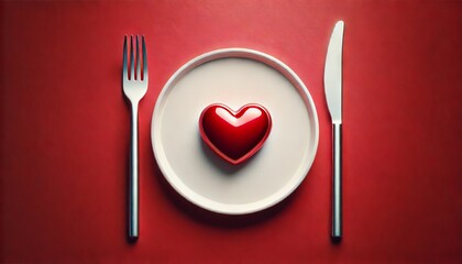 Red Heart On A White Plate With Fork And Knife, Set Against A Red Background, Symbolizing Love And Romance, Ideal For Valentine's Day Promotions, Restaurants, Greeting Cards, And Romantic Advertisemen