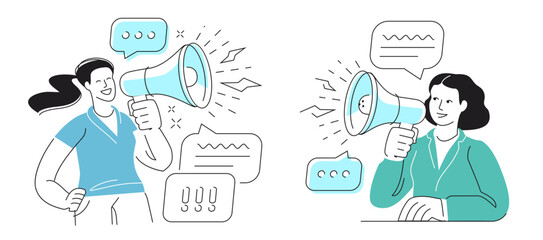 Woman holding loudspeaker making an announcement. Businesswoman communicates through megaphone