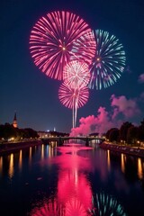 Fireworks light up the sky over Basel's Rhine River, fireworks, celebration, summer