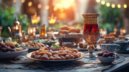 Festive table setting with Middle Eastern sweets and beverages during a vibrant cultural gathering