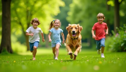 Obraz premium Four smiling children and playful golden retriever run around in lush green summer backyard with flying disc, outdoors, joy, outdoor play