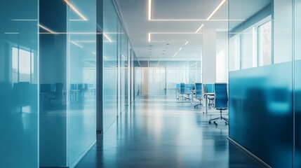 Fototapeta premium Modern Office Corridor with Glass Walls and Blue Chairs