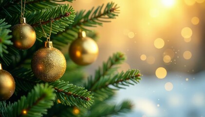 Obraz premium fir branches with gold balls and snowflakes against golden light background, sparkles, balls, light