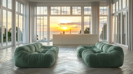 A serene open living room with mint green velvet sofas