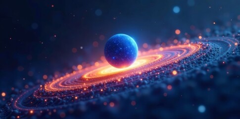 Obraz premium Floating blue dot suspended in orbit around a star-like abstract background, rotation, digital, space