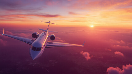 Fototapeta premium Commercial Jet Ascending into a Clear Sunset Sky with Warm Orange and Purple Hues Surrounding the Aircraft