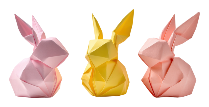 Colorful origami bunnies in pastel shades isolated on transparent background - Powered by Adobe