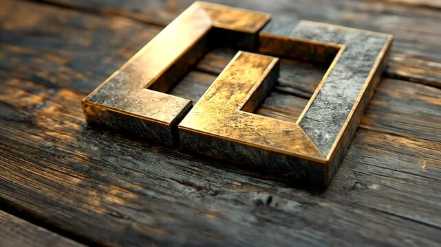 Metallic geometric design on a wooden surface, showcasing texture