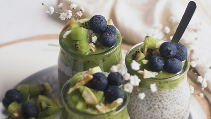 Chia pudding with kiwi and blueberries