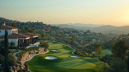 Luxury Golf Course Estate at Sunset: Hillside Views