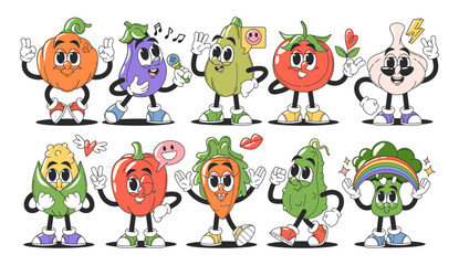 Cute funky seasonal vegetables groovy characters set gesturing and showcasing different emotions
