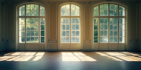 Serene Sunlit Room with High Ceilings and Row of Windows