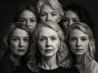 Fototapeta premium Elegant Group Portrait of Six Women in a Classic, Black and White Style