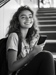 Smiling Teenager at Stairs with Smartphone