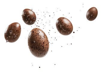 Chocolate eggs surrounded by bubbles and droplets isolated on transparent background