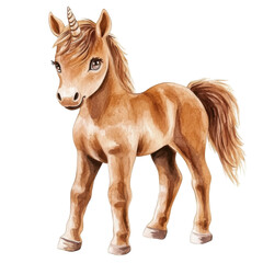 Obraz premium Brown watercolor unicorn with horn and flowing mane on transparent background isolated png