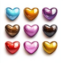 Fototapeta premium glossy heart-shaped candies in various colors, isolated on a white background for Saint Valentines Day