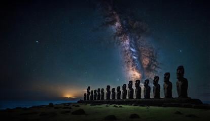 Moai statues at night, Easter Island concept