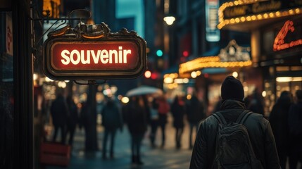 Fototapeta premium The Bustling Evening Streets of a Vibrant City Center Capturing the Glow of Neon Lights and the Buzz of People Enjoying Urban Nightlife