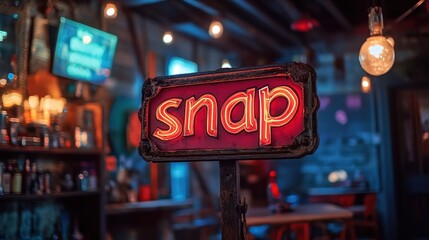 Vibrant Retro Neon Sign Display in a Cozy Dimly Lit Bar with Vintage Decor and Warm Ambiance Showcasing the Word 'Snap' in Bold Red Letters