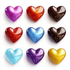 Fototapeta premium glossy heart-shaped candies in various colors, isolated on a white background for Saint Valentines Day