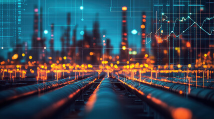 Obraz premium Well-Maintained Oil Pipeline with Blurred Background of Real-Time Energy Market Graphs Highlighting the Impact of Global Oil Prices on Industrial Growth
