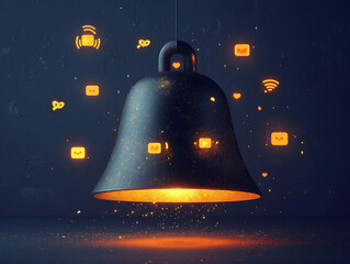 Stylized 3D render of a dark bell glowing with warm light, surrounded by floating social media notification icons.