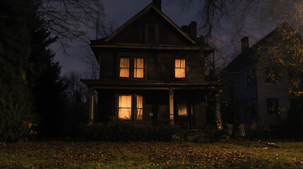 A haunted house at night, with windows glowing eerily, giving off a sense of impending fear