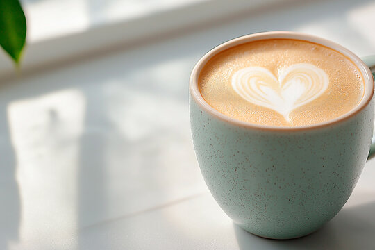 Close-up of latte with heart-shaped foam resting on marble countertop, creating warm, inviting scene. Smooth coffee surface paired with refined marble, offering serene coffee moment.