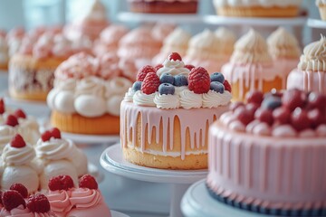 Colorful assortment of decorated cakes displayed in bright bakery. Array of beautifully designed cakes with vibrant frosting, fresh berries, and intricate details in pastry shop