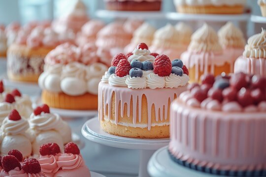 Colorful assortment of decorated cakes displayed in bright bakery. Array of beautifully designed cakes with vibrant frosting, fresh berries, and intricate details in pastry shop