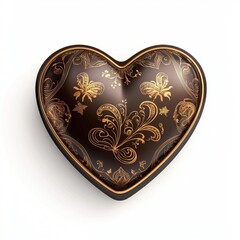 luxurious chocolate box in the shape of a heart with golden details, isolated on a white background for Saint Valentines Day