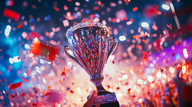 A sparkling trophy with a unique design, surrounded by confetti and celebration, marking the completion of a prestigious event