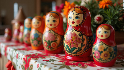 Fototapeta premium Colorful Russian nesting dolls displayed on floral tablecloth, cultural art, Maslenitsa