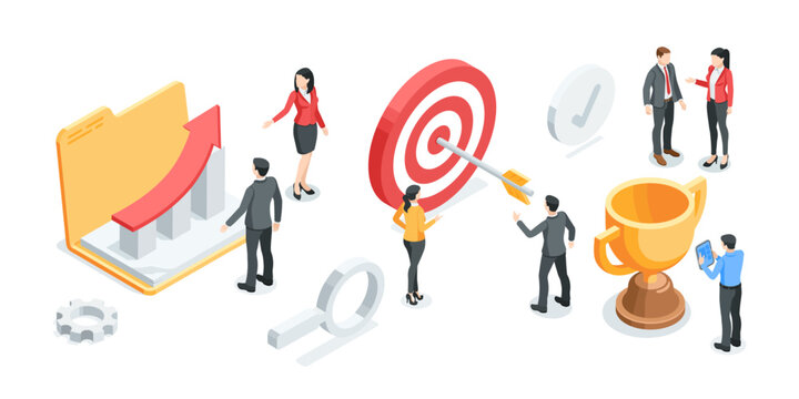 isometric vector business concept with people and icons of cup and target with arrow, in color on white background, strategy for success or achieving goal