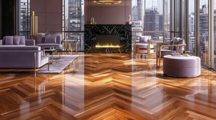 A stylish modern apartment boasting rosewood parquet flooring laid in alternating herringbone and chevron patterns