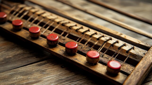 A beautifully crafted vintage abacus made of wood, showcasing traditional counting methods with a rustic and artistic design highlighted on a wooden table.