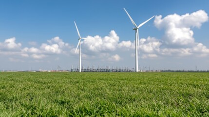Wind turbines in field, industrial background, sunny day, renewable energy