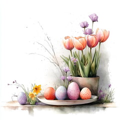 Obraz premium Easter decoration featuring tulips, daffodils and eggs on a plate, painted in watercolor with an ambient atmosphere and a white background.