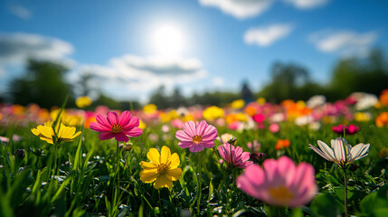 Obraz premium Spring awakening, flowers blooming everywhere, vibrant colors, green grass, blue sky, nature photography, wide angle lens