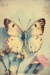 Pink and blue butterfly, vintage style, with flower petals around it.