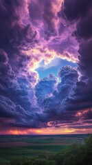 Vibrant sunset clouds illuminated by purple and blue hues over a suburban landscape