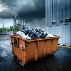 Industrial site with waste container filled with garbage under dark stormy clouds in an urban area. Generative AI