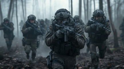 Obraz premium A group of soldiers in camouflage gear and helmets, armed with rifles, are walking through a misty forest. The scene is atmospheric, with dense trees and fog creating a sense of tension and mystery.