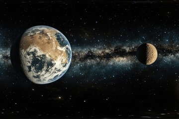 Fototapeta premium The image captures the Earth and Moon orbiting in space with a backdrop of stars. This is an artistic representation of our celestial bodies.