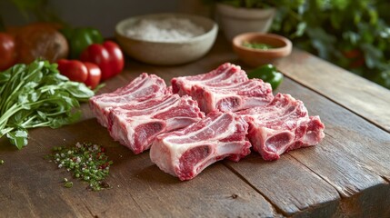 Raw cuts of meat on rustic wooden table with fresh vegetables and spices. concept of farmhouse cooking, natural ingredients, organic food preparation, sustainable farming