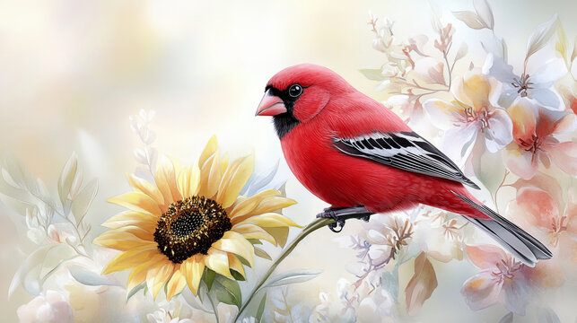 Bright red finch with sunflower among pastel flowers in watercolor illustration. Concept of nature beauty, vibrant wildlife, delicate floral art, birdwatching. Copy space
