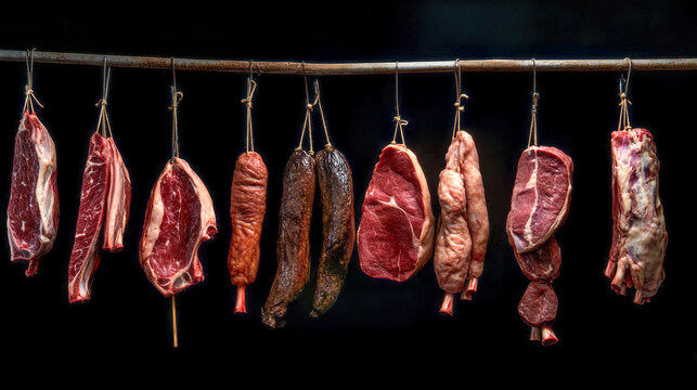Hanging cuts of beef and sausages on wooden rod in cold storage. Concept of food preservation, butcher shop, traditional meat curing, culinary arts