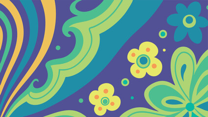 Bright swirls and floral shapes create an engaging vector design, with green and yellow tones contrasting vividly against a deep purple background, adding energy and style